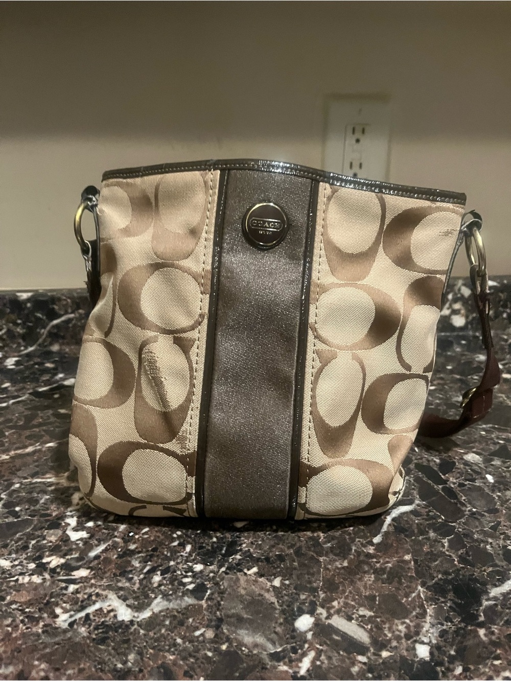 Coach Beige Signature Canvas Shoulder Bag with Metallic Taupe Trim